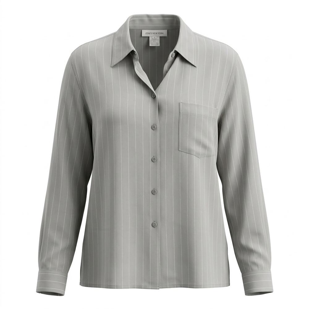 Jones New York 100% Silk Gray Pinstripe Button-Up Shirt Women Size 16